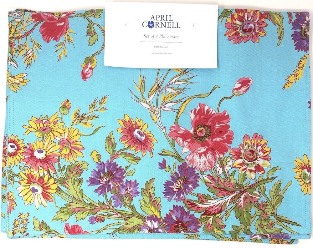 April Cornell Placemats Wildflower Aqua Turquoise Blue 14x 19" 100% COTTON 4 Pcs